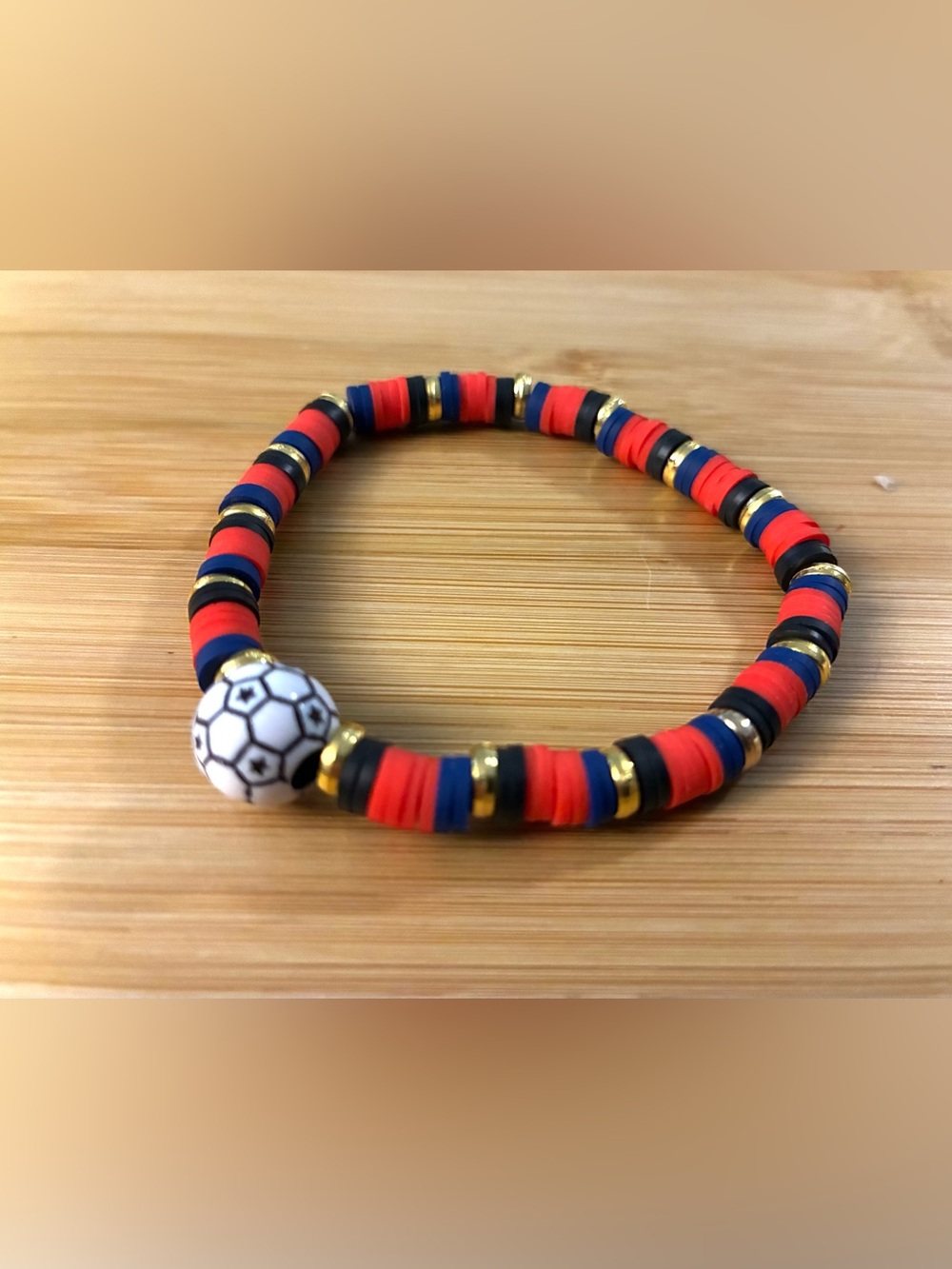 Soccer Beaded Stretch Bracelet - Red, Blue, Gold & Black